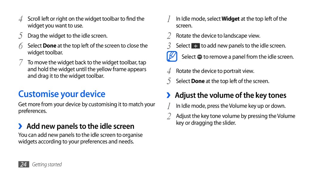 Samsung GT-S5560CWIDBT Customise your device, ›› Add new panels to the idle screen, ›› Adjust the volume of the key tones 