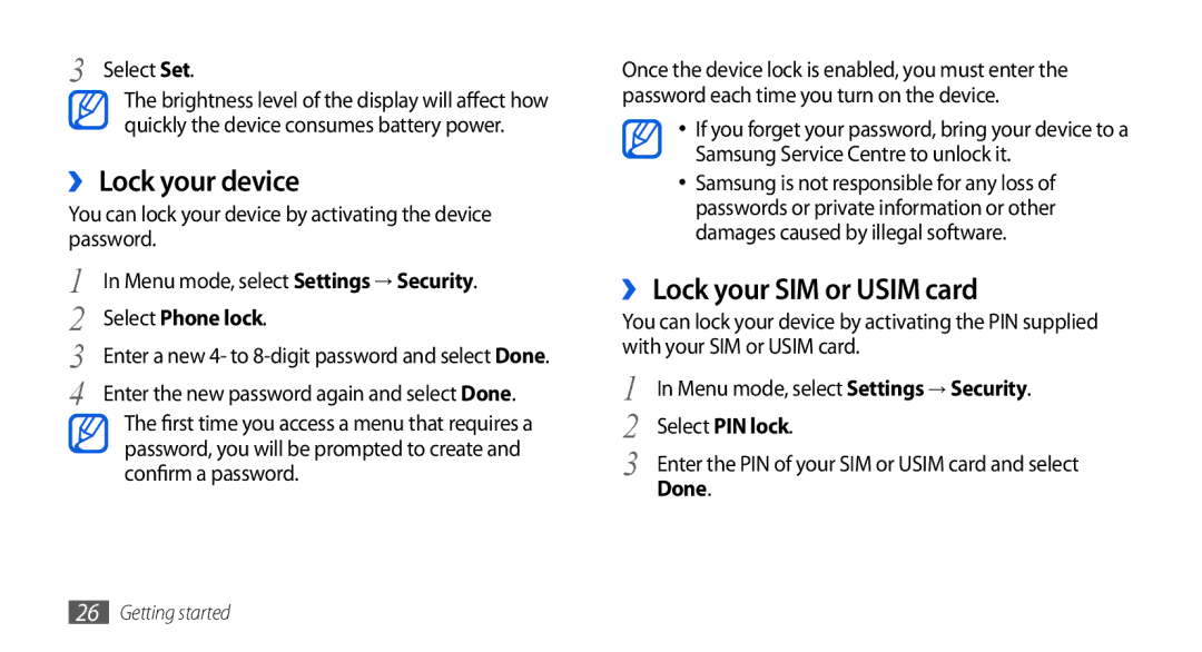 Samsung GT-S5560BDIXEF, GT-S5560LKIDBT manual ›› Lock your device, ›› Lock your SIM or Usim card, Select Phone lock, Done 