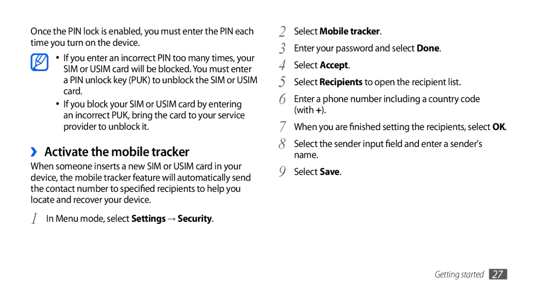 Samsung GT-S5560CWIXEF, GT-S5560LKIDBT manual ›› Activate the mobile tracker, Menu mode, select Settings → Security 