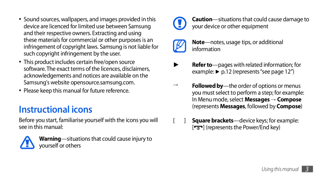 Samsung GT-S5560BDIXEF, GT-S5560LKIDBT, GT-S5560CWIDBT Instructional icons, Please keep this manual for future reference 