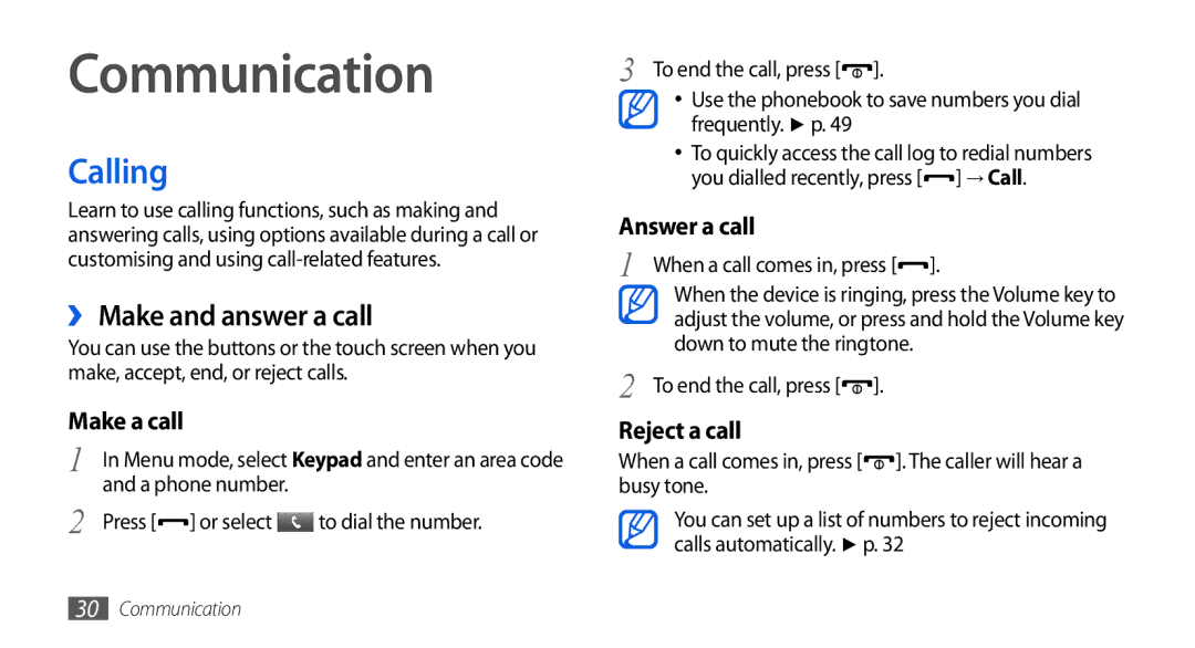 Samsung GT-S5560CWIBOG, GT-S5560LKIDBT manual Communication, Calling, ›› Make and answer a call, When a call comes in, press 