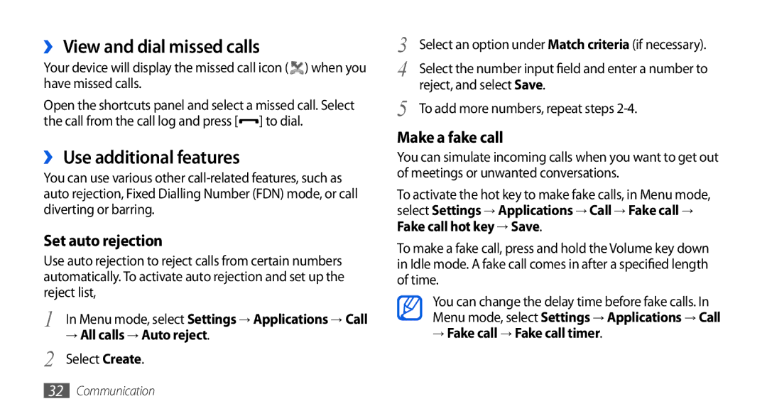 Samsung GT-S5560LKIBOG manual ›› View and dial missed calls, ›› Use additional features, → All calls → Auto reject 