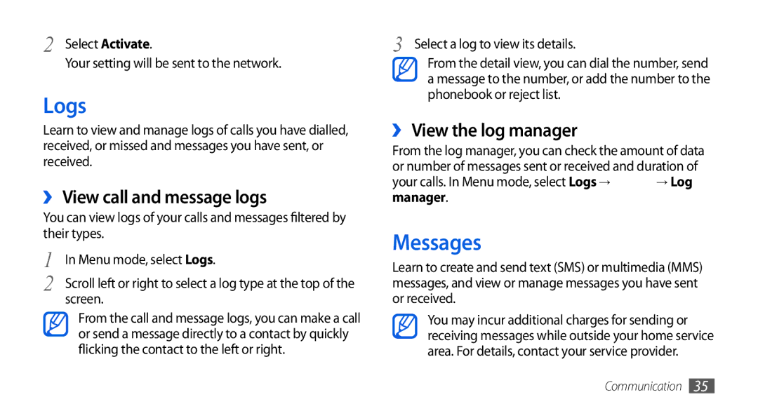 Samsung GT-S5560TIIXSK, GT-S5560LKIDBT Logs, Messages, ›› View call and message logs, ›› View the log manager, Manager 