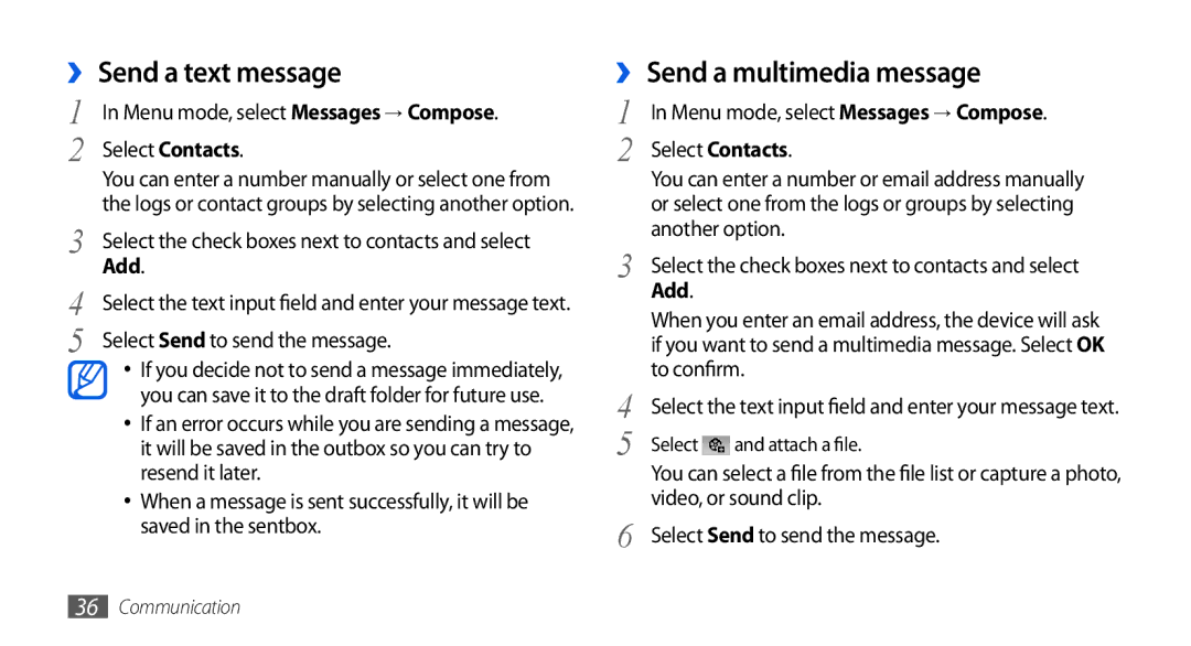 Samsung GT-S5560BDIXEZ, GT-S5560LKIDBT, GT-S5560CWIDBT manual ›› Send a text message, ›› Send a multimedia message, Add 