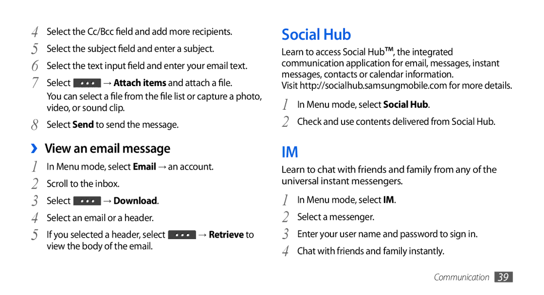Samsung GT-S5560LKIXSK, GT-S5560LKIDBT, GT-S5560CWIDBT, GT-S5560LKIXEF manual Social Hub, ›› View an email message, → Download 