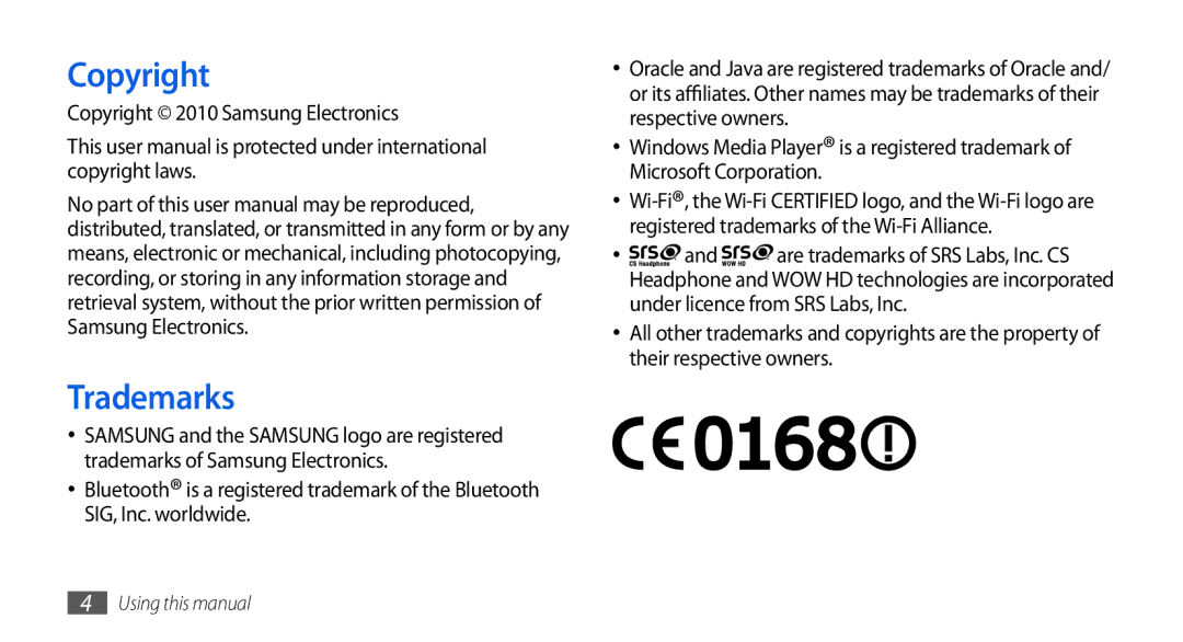 Samsung GT-S5560CWIXEF, GT-S5560LKIDBT, GT-S5560CWIDBT, GT-S5560LKIXEF Trademarks, Copyright 2010 Samsung Electronics 