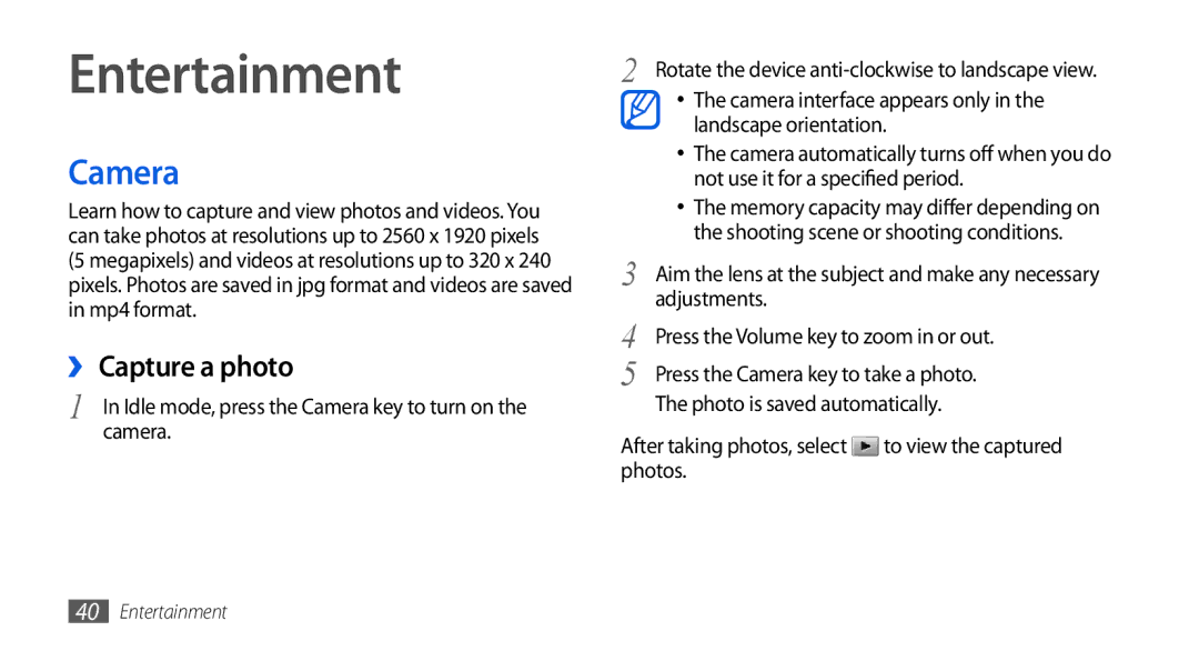 Samsung GT-S5560LKIXEZ, GT-S5560LKIDBT, GT-S5560CWIDBT, GT-S5560LKIXEF manual Entertainment, Camera, ›› Capture a photo 