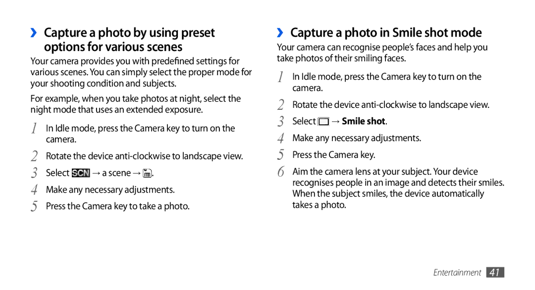 Samsung GT-S5560LKICOA, GT-S5560LKIDBT manual ›› Capture a photo in Smile shot mode, → Smile shot, Press the Camera key 