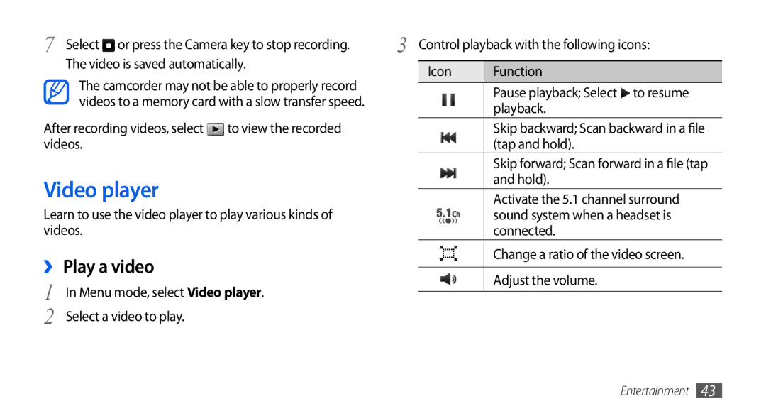 Samsung GT-S5560CWISER, GT-S5560LKIDBT, GT-S5560CWIDBT, GT-S5560LKIXEF, GT-S5560BDIXEF manual Video player, ››Play a video 