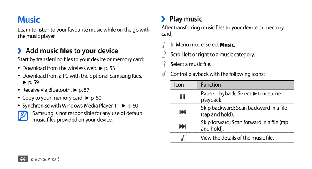 Samsung GT-S5560TIISER manual Music, ›› Add music files to your device, ›› Play music, View the details of the music file 