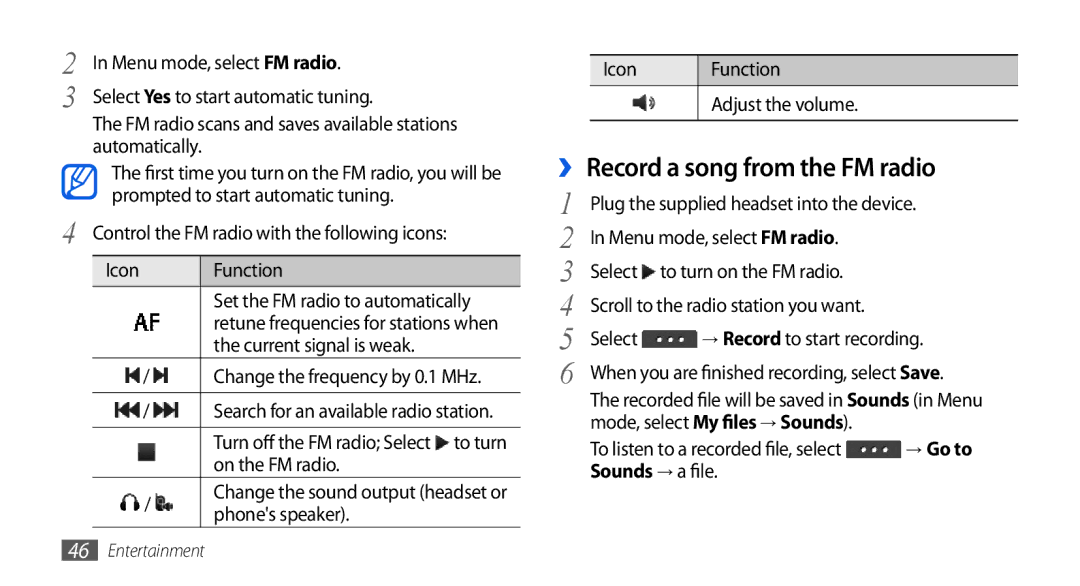 Samsung GT-S5560LKIDBT, GT-S5560CWIDBT, GT-S5560LKIXEF manual ›› Record a song from the FM radio, → Go to, Sounds → a file 