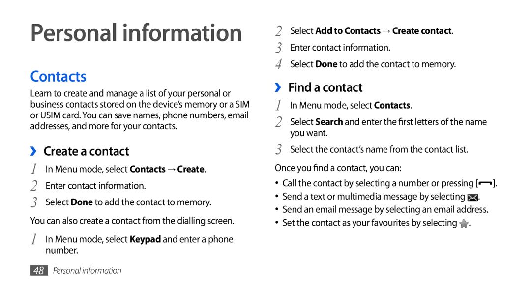 Samsung GT-S5560LKIXEF, GT-S5560LKIDBT, GT-S5560CWIDBT, GT-S5560BDIXEF manual Contacts, ›› Create a contact, ›› Find a contact 