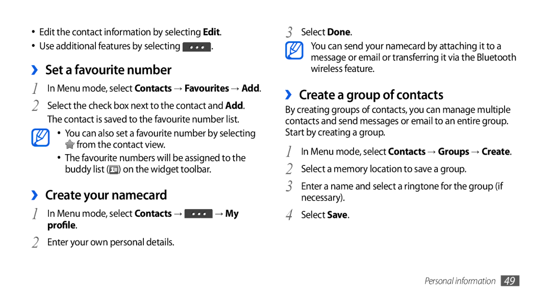 Samsung GT-S5560BDIXEF manual ›› Set a favourite number, ›› Create your namecard, ›› Create a group of contacts, Profile 