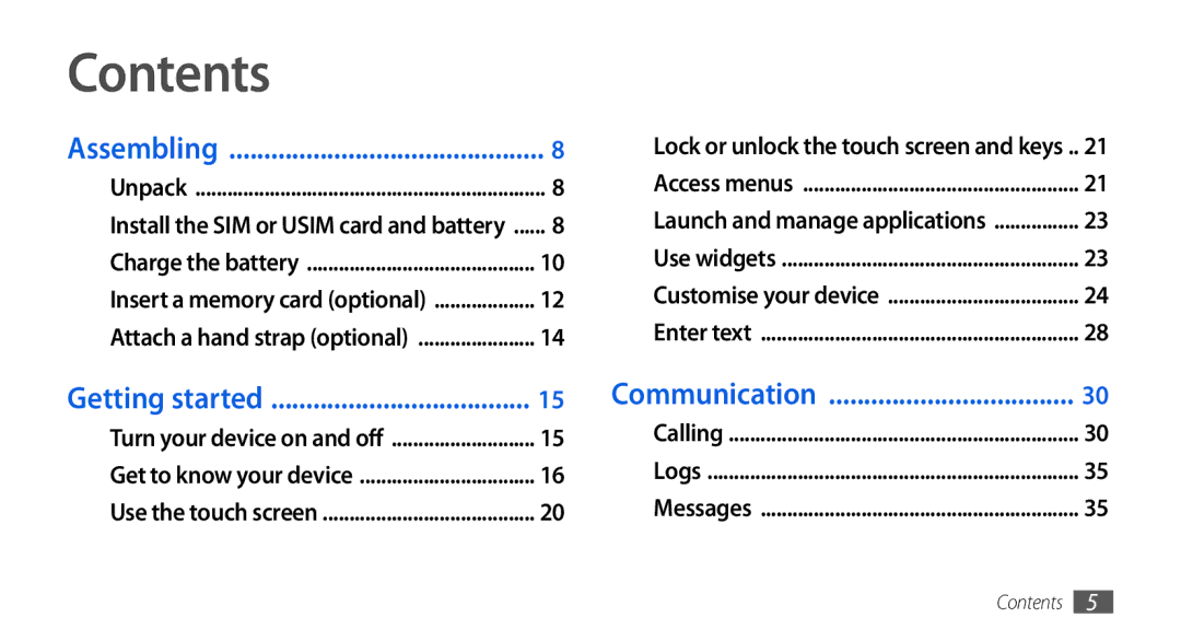 Samsung GT-S5560TIIBOG, GT-S5560LKIDBT, GT-S5560CWIDBT, GT-S5560LKIXEF, GT-S5560BDIXEF, GT-S5560CWIXEF, GT-S5560LKIVGF Contents 