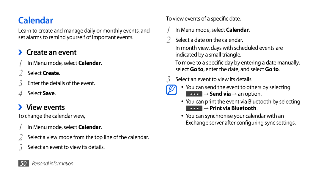 Samsung GT-S5560CWIXEF, GT-S5560LKIDBT, GT-S5560CWIDBT Calendar, ›› Create an event, ›› View events, → Print via Bluetooth 