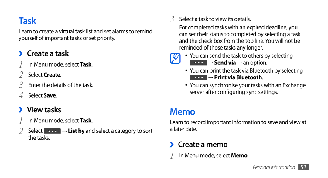 Samsung GT-S5560TIIBOG, GT-S5560LKIDBT, GT-S5560CWIDBT manual Task, Memo, ›› Create a task, ›› View tasks, ›› Create a memo 