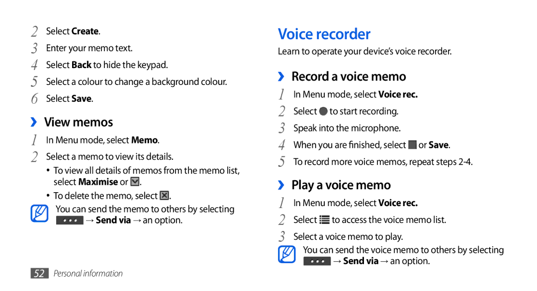 Samsung GT-S5560LKIVGF, GT-S5560LKIDBT manual Voice recorder, ›› View memos, ›› Record a voice memo, ›› Play a voice memo 