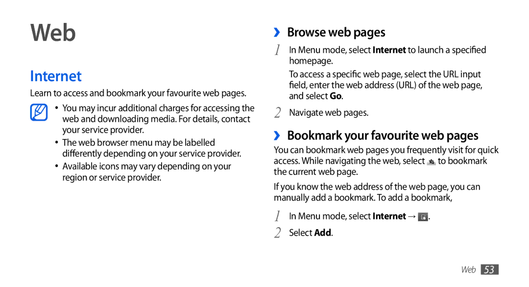 Samsung GT-S5560CWIBOG, GT-S5560LKIDBT manual Web, Internet, ›› Browse web pages, ›› Bookmark your favourite web pages 