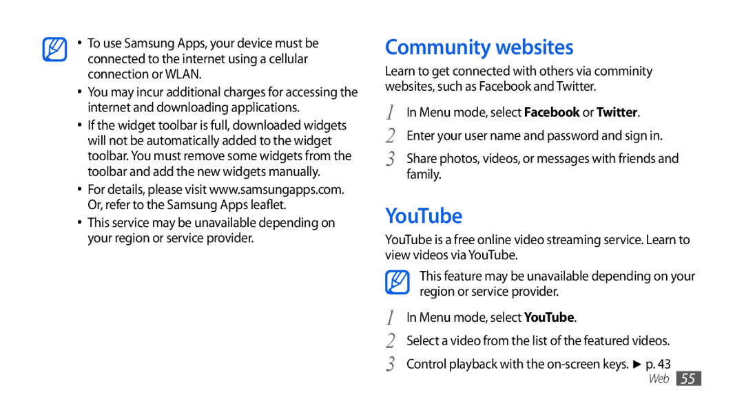 Samsung GT-S5560LKIBOG manual Community websites, Family, Region or service provider, Menu mode, select YouTube 