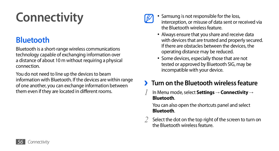 Samsung GT-S5560TIIXEF, GT-S5560LKIDBT, GT-S5560CWIDBT, GT-S5560LKIXEF manual Connectivity, Bluetooth wireless feature 