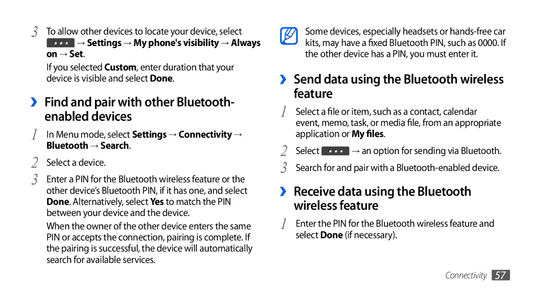 Samsung GT-S5560TIIXEZ, GT-S5560LKIDBT manual ›› Find and pair with other Bluetooth- enabled devices, Bluetooth → Search 