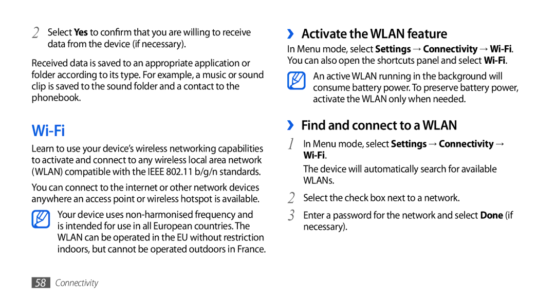 Samsung GT-S5560TIIXSK, GT-S5560LKIDBT, GT-S5560CWIDBT Wi-Fi, ›› Activate the Wlan feature, ›› Find and connect to a Wlan 