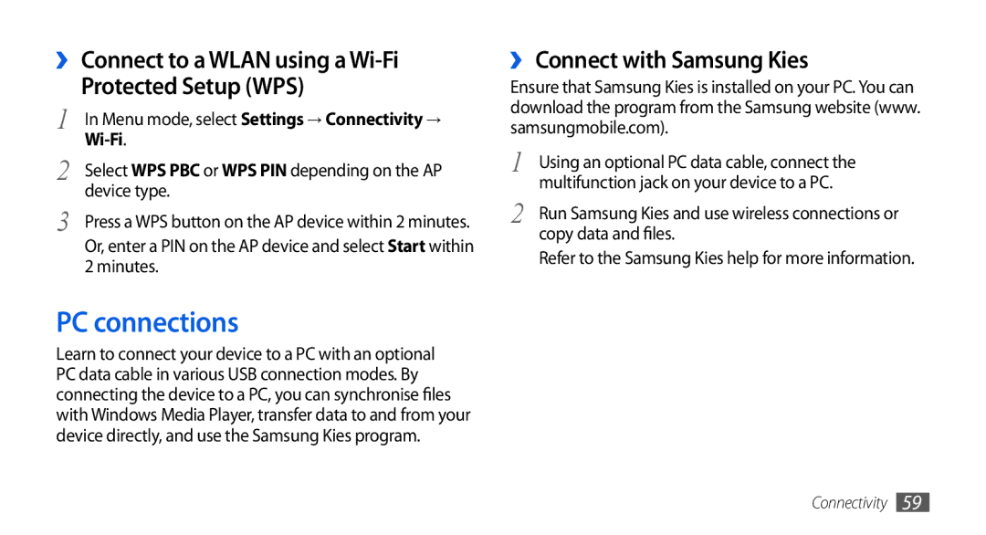 Samsung GT-S5560BDIXEZ manual PC connections, ›› Connect with Samsung Kies, Device type, Minutes, Copy data and files 