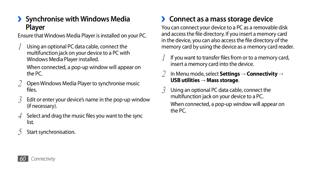 Samsung GT-S5560BDIXSK, GT-S5560LKIDBT manual ›› Synchronise with Windows Media Player, ›› Connect as a mass storage device 