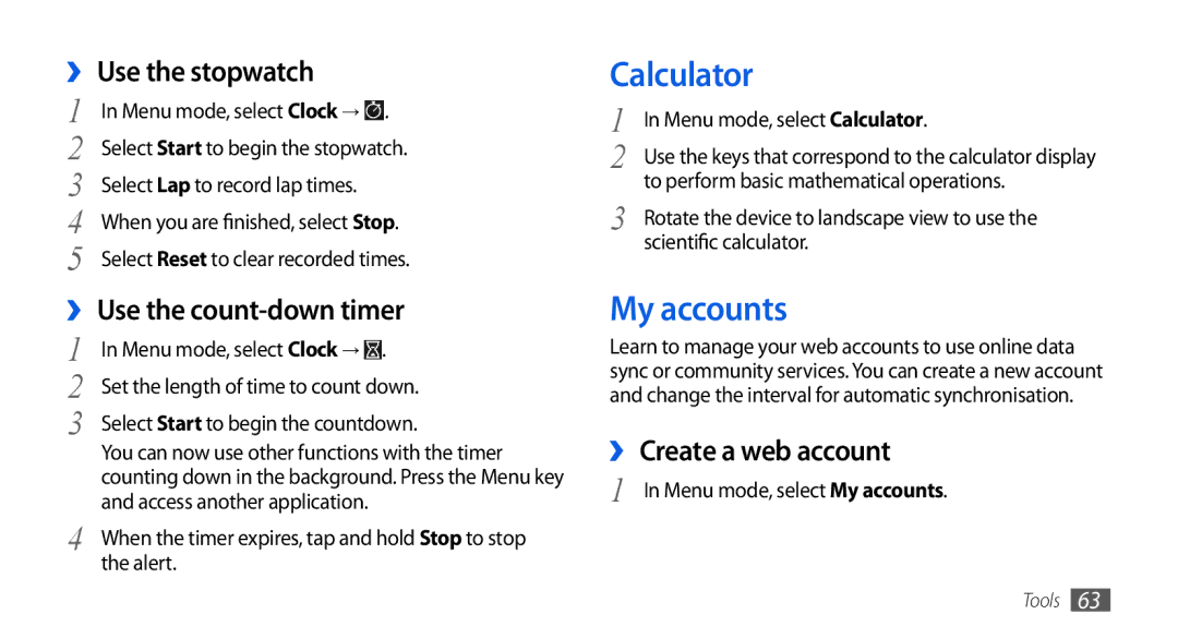 Samsung GT-S5560LKIXEZ Calculator, My accounts, ›› Use the stopwatch, ›› Use the count-down timer, ›› Create a web account 