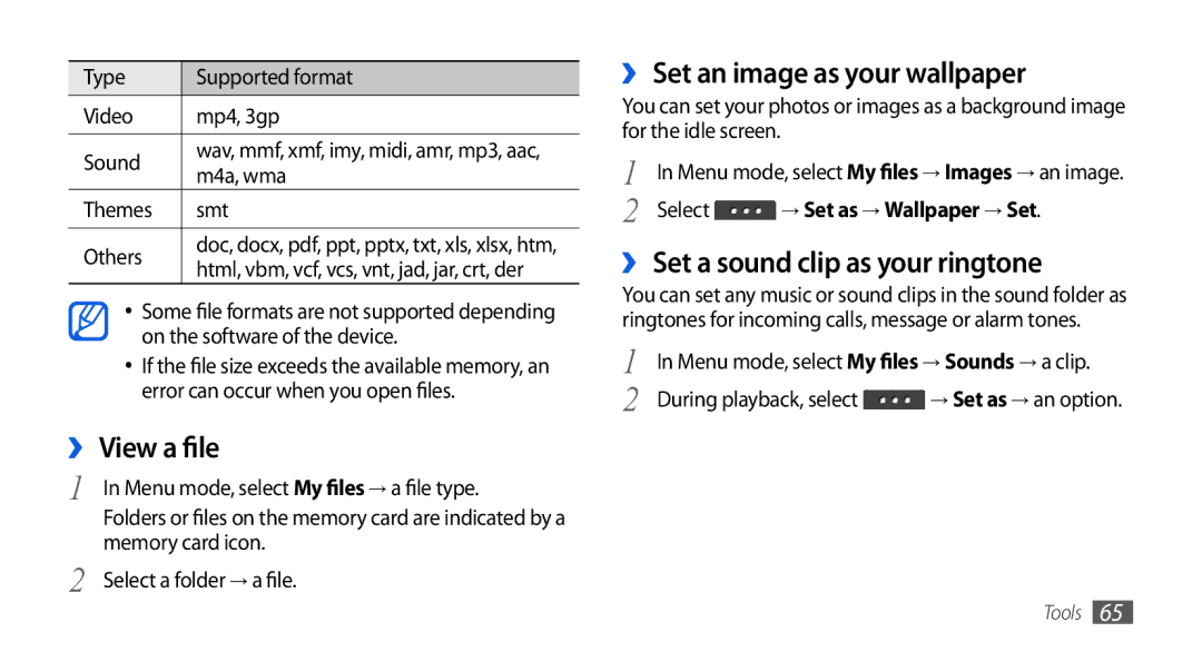 Samsung GT-S5560LKISER manual ›› View a file, ›› Set an image as your wallpaper, ›› Set a sound clip as your ringtone 