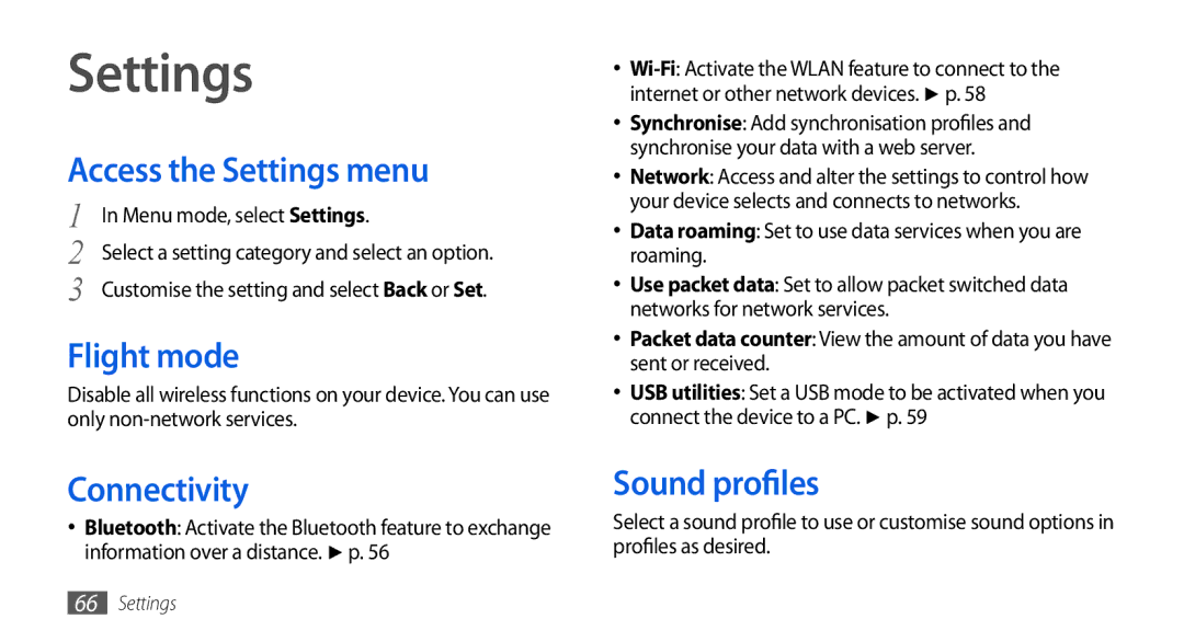 Samsung GT-S5560CWISER, GT-S5560LKIDBT manual Access the Settings menu, Flight mode, Connectivity, Sound profiles 