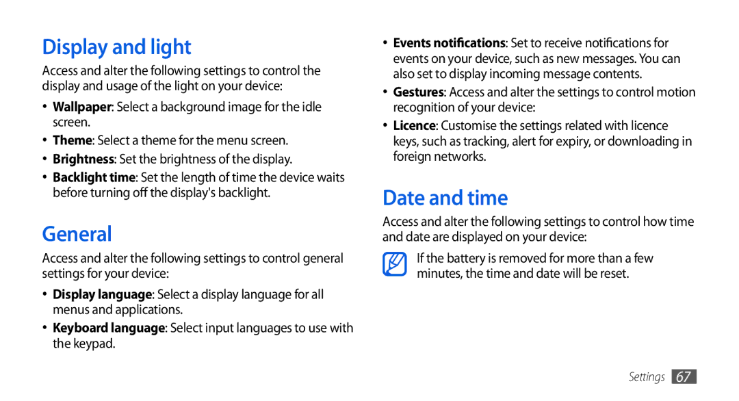 Samsung GT-S5560TIISER, GT-S5560LKIDBT, GT-S5560CWIDBT, GT-S5560LKIXEF manual Display and light, General, Date and time 