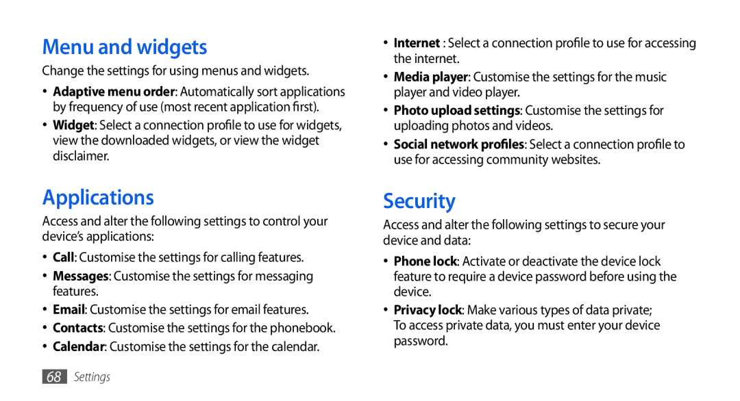 Samsung GT-S5560BDISER manual Menu and widgets, Applications, Security, Change the settings for using menus and widgets 