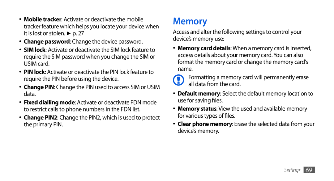 Samsung GT-S5560LKIDBT, GT-S5560CWIDBT, GT-S5560LKIXEF Memory, Change PIN Change the PIN used to access SIM or Usim data 