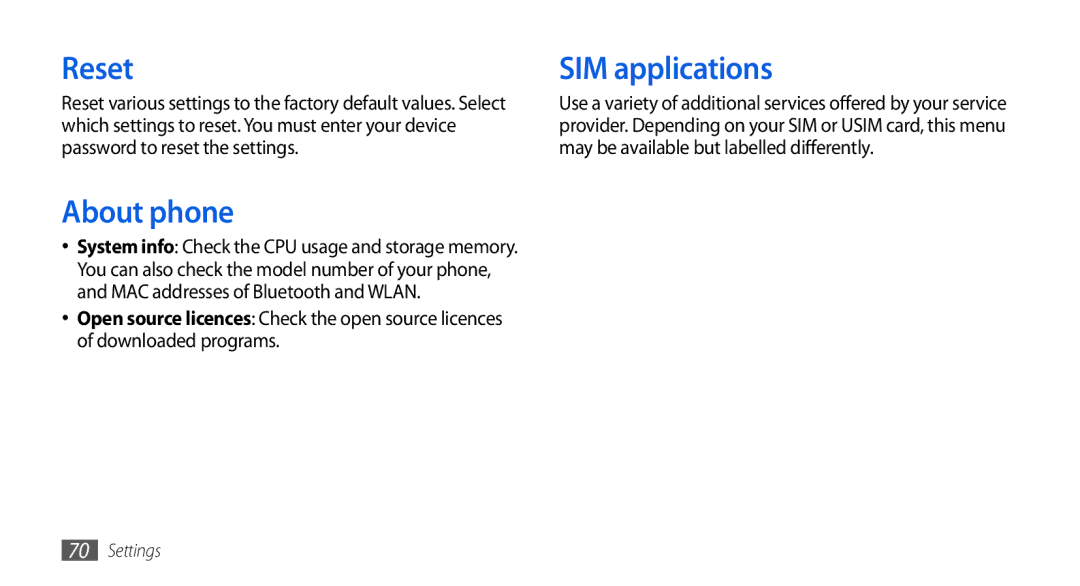 Samsung GT-S5560CWIDBT, GT-S5560LKIDBT, GT-S5560LKIXEF, GT-S5560BDIXEF, GT-S5560CWIXEF Reset, About phone, SIM applications 