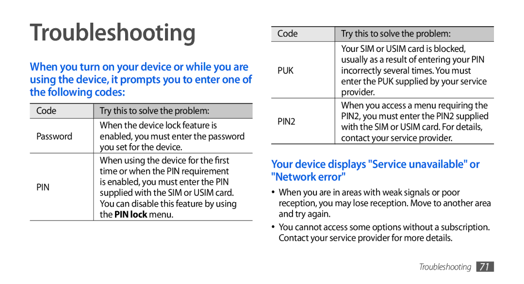 Samsung GT-S5560LKIXEF, GT-S5560LKIDBT manual Troubleshooting, Your device displays Service unavailable or Network error 