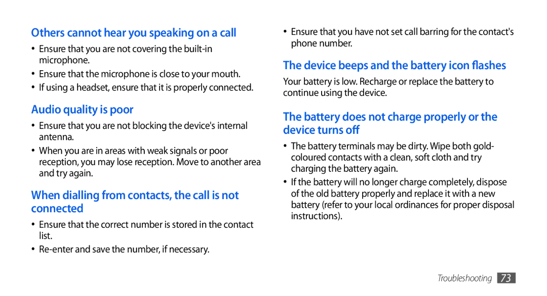 Samsung GT-S5560CWIXEF, GT-S5560LKIDBT, GT-S5560CWIDBT Others cannot hear you speaking on a call, Audio quality is poor 