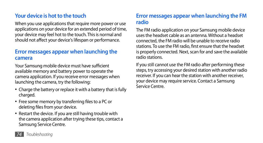 Samsung GT-S5560TIIBOG, GT-S5560LKIDBT Your device is hot to the touch, Error messages appear when launching the camera 