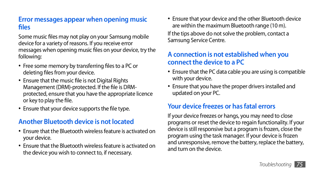 Samsung GT-S5560LKIVGF manual Error messages appear when opening music files, Another Bluetooth device is not located 