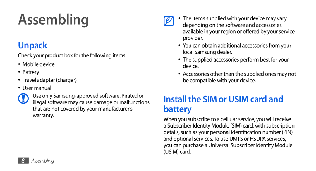 Samsung GT-S5560LVZBOG, GT-S5560LKIDBT, GT-S5560CWIDBT manual Assembling, Unpack, Install the SIM or Usim card and battery 