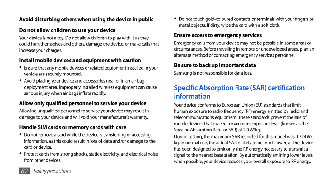 Samsung GT-S5560BDIXEZ, GT-S5560LKIDBT, GT-S5560CWIDBT manual Specific Absorption Rate SAR certification information 