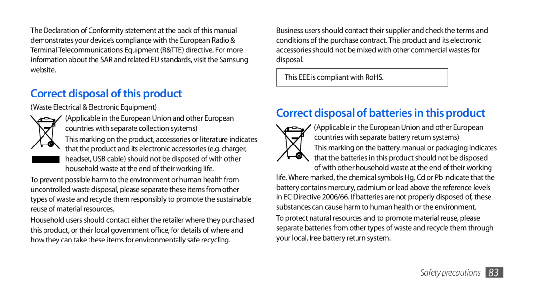 Samsung GT-S5560BDIXSK, GT-S5560LKIDBT Correct disposal of this product, Correct disposal of batteries in this product 