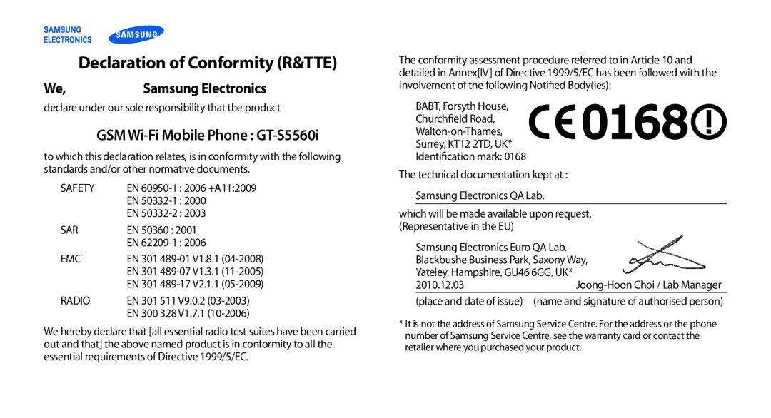 Samsung GT-S5560CWISER, GT-S5560LKIDBT, GT-S5560CWIDBT, GT-S5560LKIXEF, GT-S5560BDIXEF manual Declaration of Conformity R&TTE 