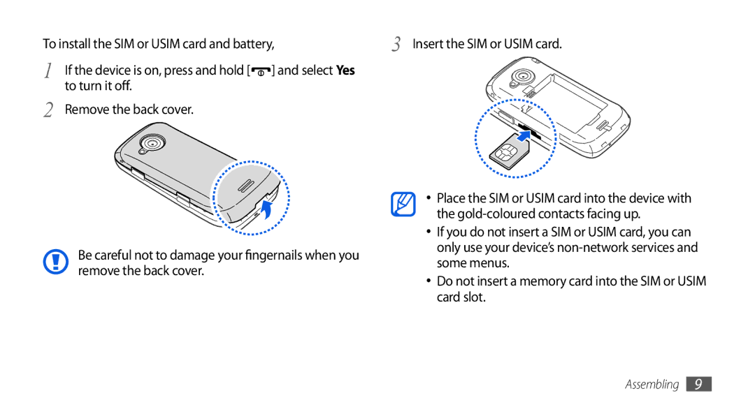 Samsung GT-S5560LKIBOG manual To turn it off Remove the back cover, Gold-coloured contacts facing up, Some menus, Card slot 