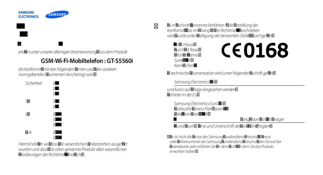 Samsung GT-S5560CWIDBT, GT-S5560LKIDBT manual GSM-Wi-Fi-Mobiltelefon GT-S5560i 