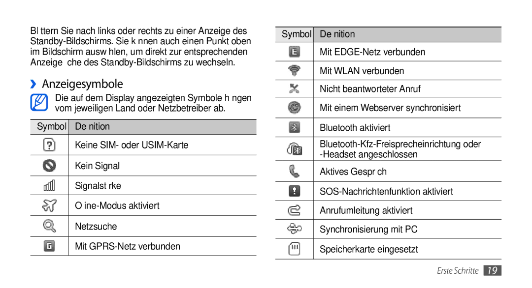 Samsung GT-S5560CWIDBT, GT-S5560LKIDBT manual ››Anzeigesymbole 