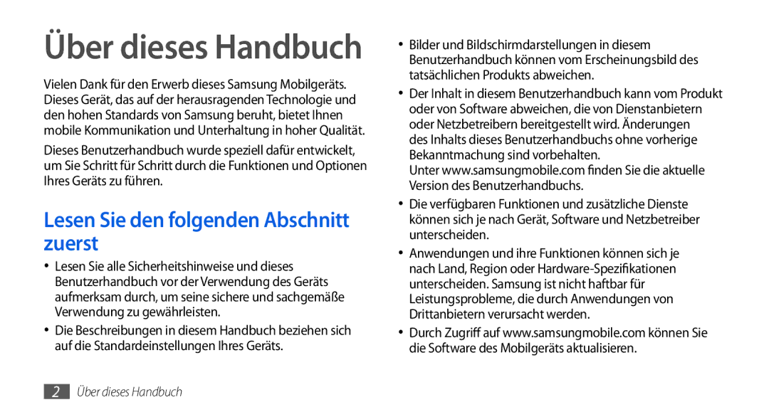 Samsung GT-S5560LKIDBT, GT-S5560CWIDBT manual Über dieses Handbuch, Lesen Sie den folgenden Abschnitt zuerst 