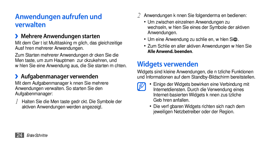 Samsung GT-S5560LKIDBT manual Anwendungen aufrufen und verwalten, Widgets verwenden, ››Mehrere Anwendungen starten 