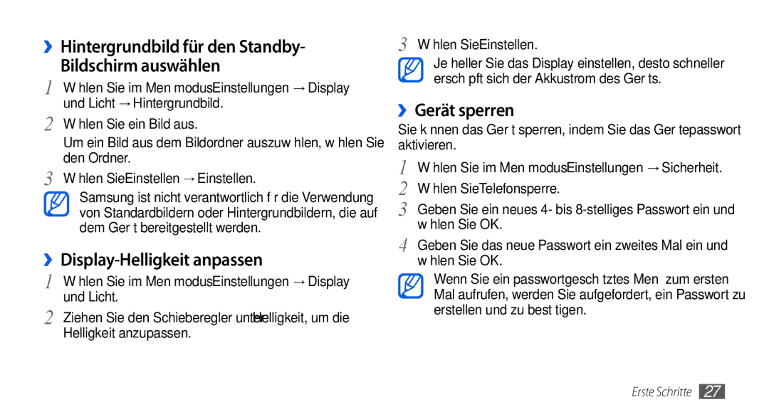 Samsung GT-S5560CWIDBT manual ››Hintergrundbild für den Standby Bildschirm auswählen, ››Display-Helligkeit anpassen 