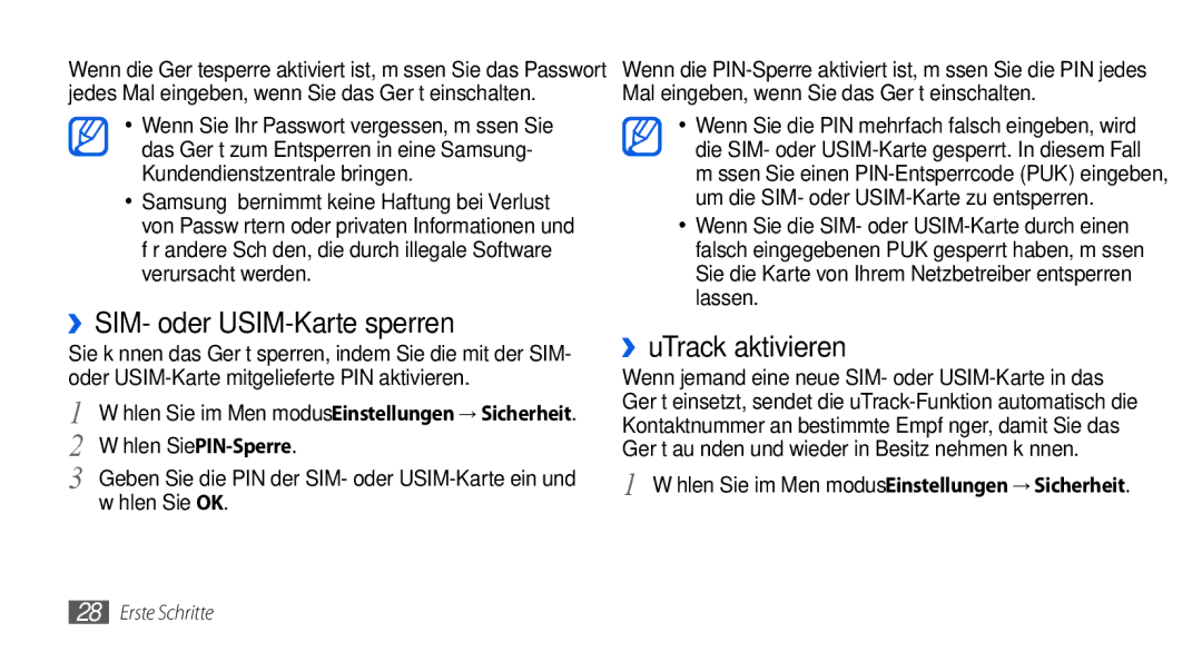 Samsung GT-S5560LKIDBT, GT-S5560CWIDBT manual ››SIM- oder USIM-Karte sperren, ››uTrack aktivieren, Wählen Sie PIN-Sperre 